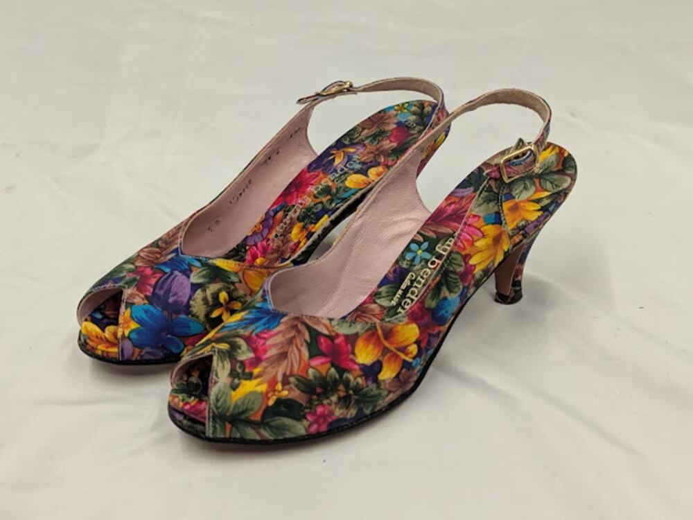Vtg. Murray Bender Custom Made Tropical Floral Peek-a-boo Heel strappy Womens 7